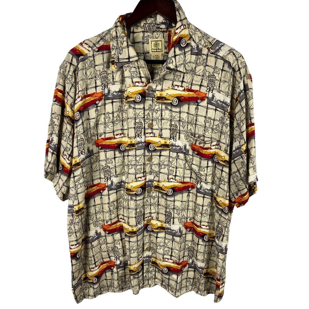 Morro Bay Hawaiian Shirt Medium Button Down Mens Hot Rod Cars Tropical Rayon